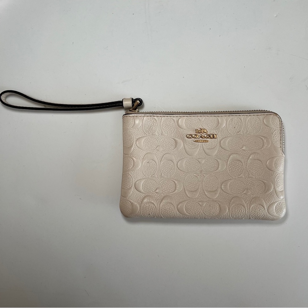 Coach Signature Embossed Leather Corner Zip Cream Wristlet